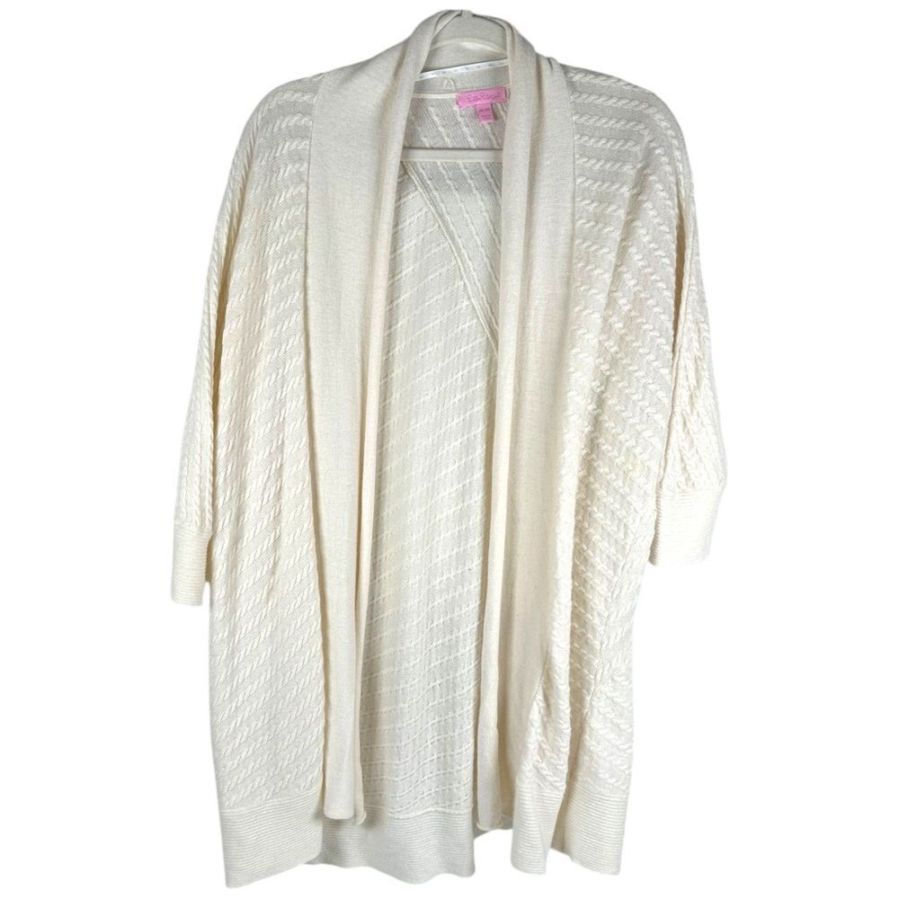 Lilly Pulitzer White Cable Knit Wool Cashmere Blend Open Cardigan Sweater OS